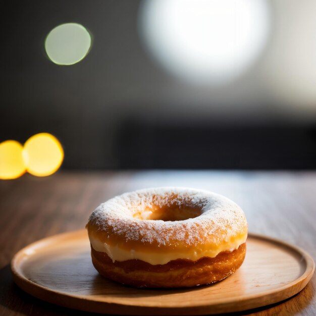 Photo a white cream covered donut sitting on pland and wooden table