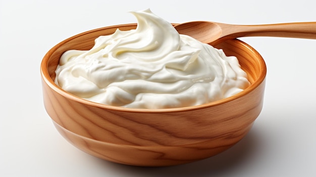 White creamy yogurt in wooden bowl on white background AI Generated Image