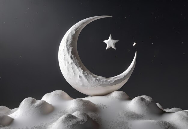 Photo white crescent moon with stars in the sky for eid alfitr background