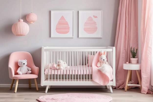 Photo white crib with pink blanket near wooden table with pillow in babys room with poster and copy space