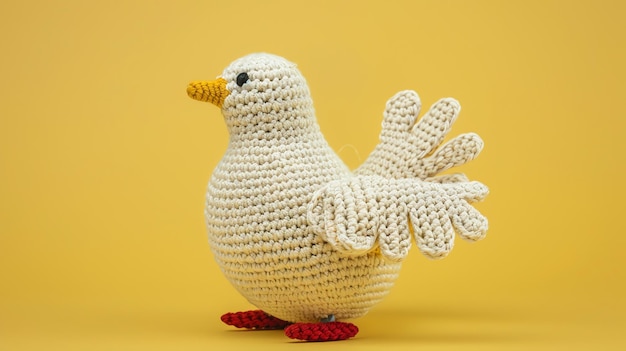 white crocheted dove with red feet on a yellow background