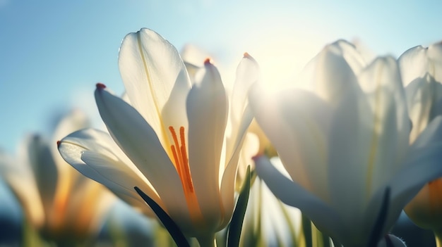 White crocus flowers in the sun