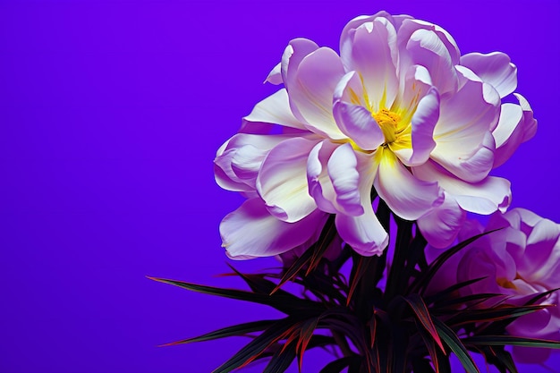 White crocus on a purple background place for your text