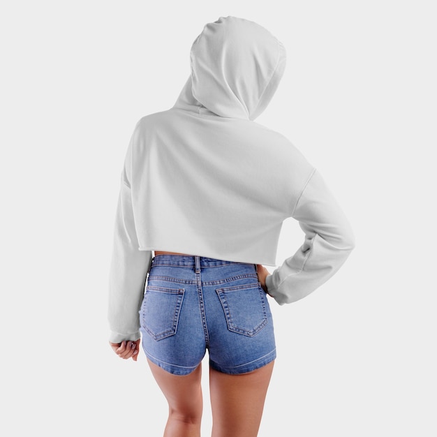 white crop top hoodie on a young beautiful girl in blue shorts for presentation of design