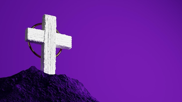 White cross on purple scenery on mountain religious symbolism