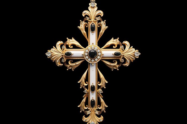 white cross with diamonds and gold on black