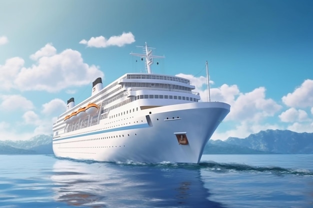 White cruise liner moving to the sea at cloudy day Generative AI