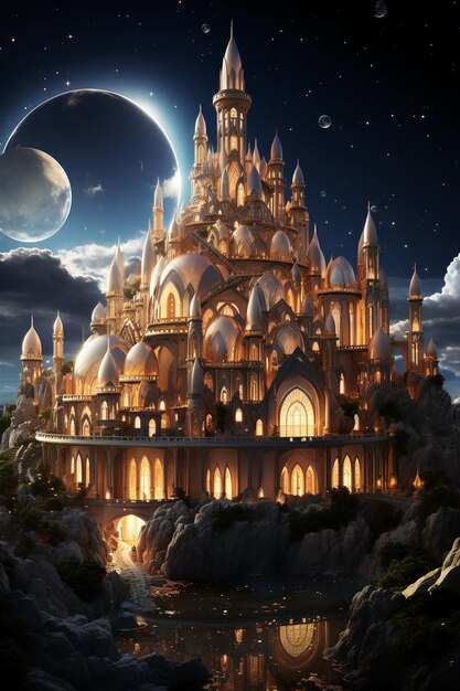 White crystal quartz palace starry sky magical and fairytale atmosphere AI generative