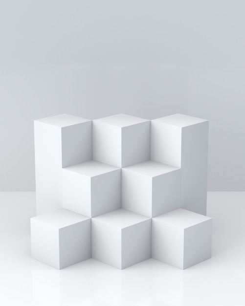 White cube boxes on white background for display. 3D rendering.