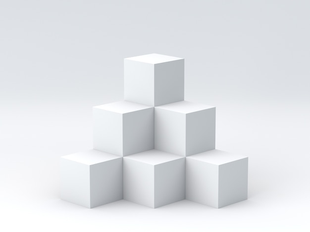 White cube boxes on white background for display. 3D rendering.