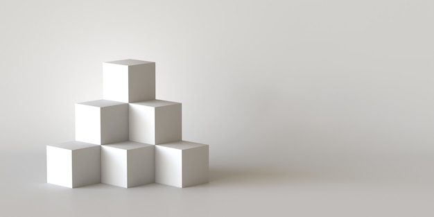 White cube boxes with white blank wall background