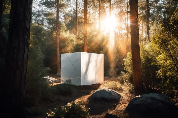 white cube form shelter from animals and weather conditions in the forest