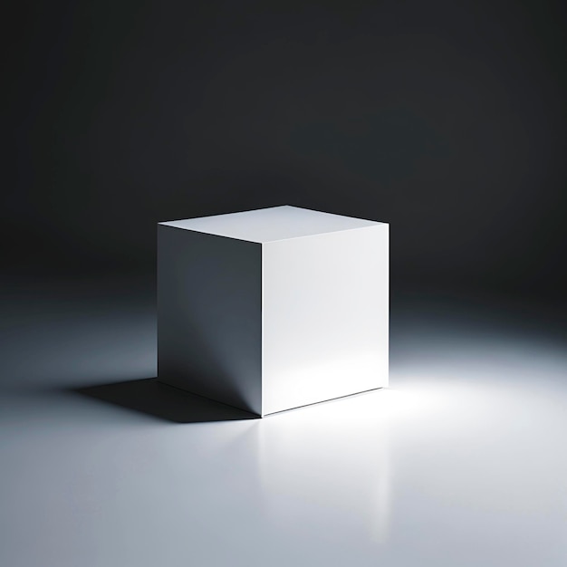 A white cube is on a white floor with a black background.