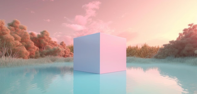 A white cube in a lake with a pink sky in the background.