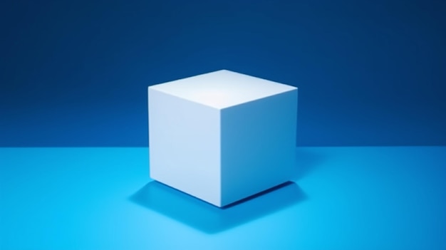 Photo a white cube sits on a blue surface in front of a blue background.