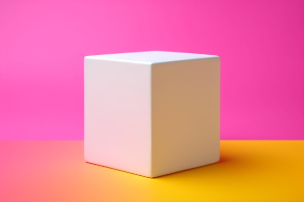 A white cube sits on a pink and yellow background with the word cube on it.