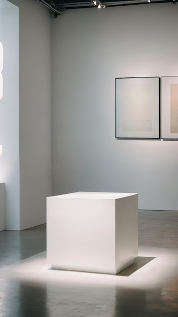 White Cube With Paintings in White Room