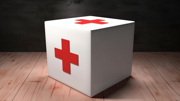 Photo a white cube with a red cross on it