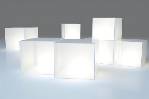 Photo white cubes with glowing lights on gray background