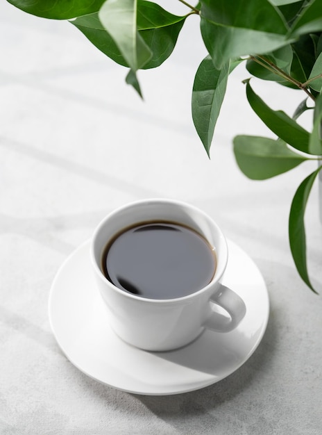 A white cup of black aromatic coffee on a light background with green branch and shadow Morning energy drink concept