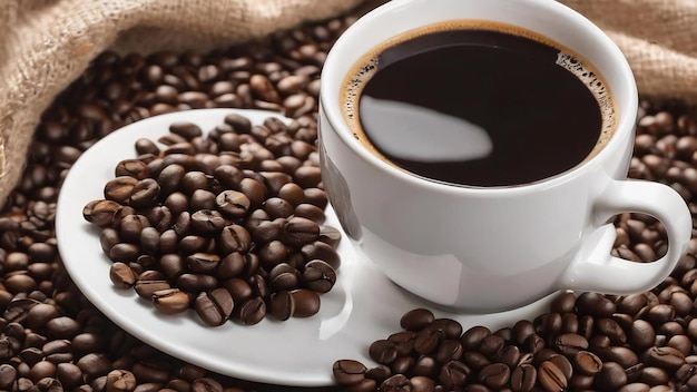 White cup and coffee beans on a white background selective focus