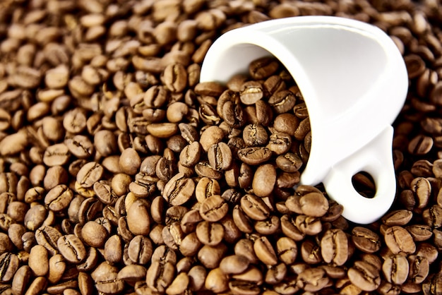 White cup in coffee beans.