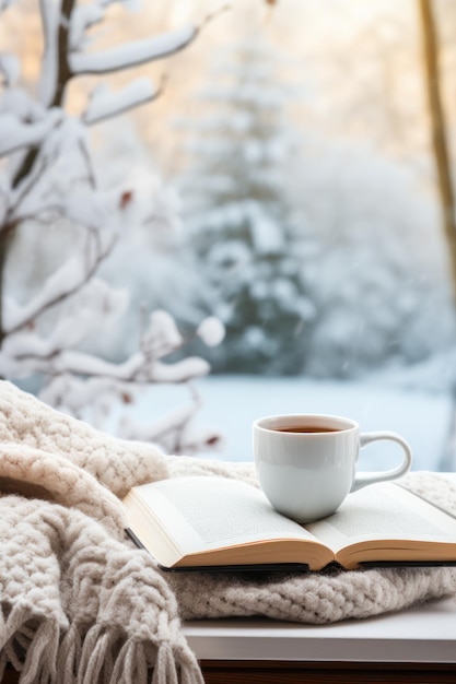 White cup of coffee and book on the autumn mood