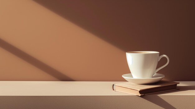 A white cup of coffee on a book with sunlight casting shadows