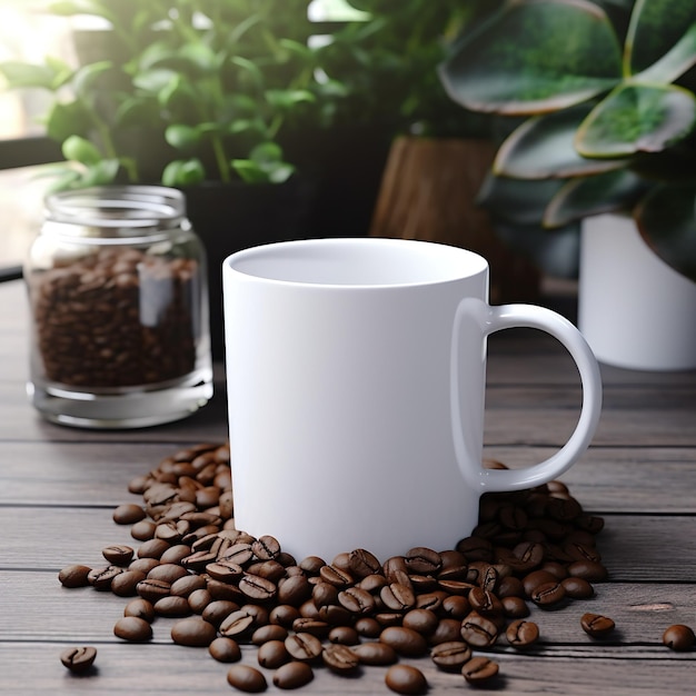 Foto tazza di caffè bianca e chicchi di caffè sul tavolo di legno ai generativa