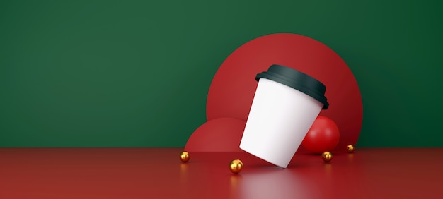 Tazza di caffè bianca su sfondo verde e rosso. illustrazione 3d