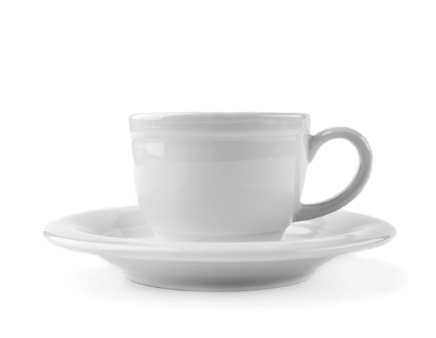 White cup of coffee and saucer on white background