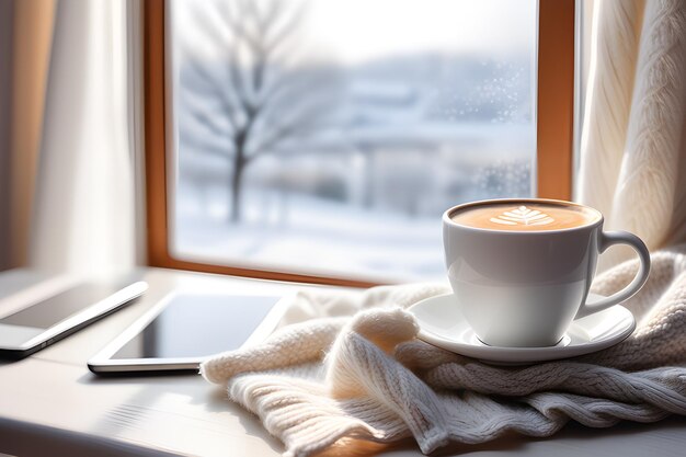 White cup of coffee and scarf near a frozen window Cozy spring winter concept Playground AI platform