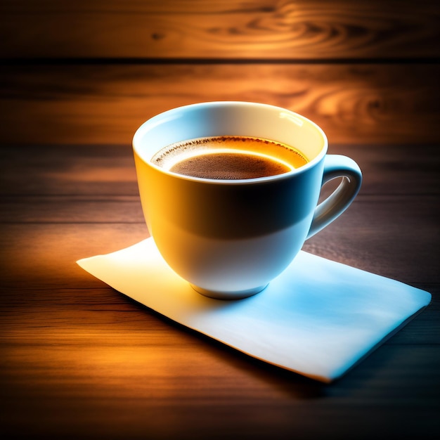 A white cup of coffee sits on a white napkin with a bright light on it.