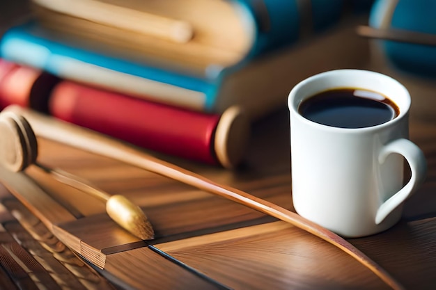 a white cup of coffee sits on a wooden table