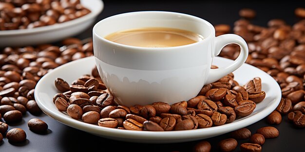 White cup of coffee with coffee beans on white background