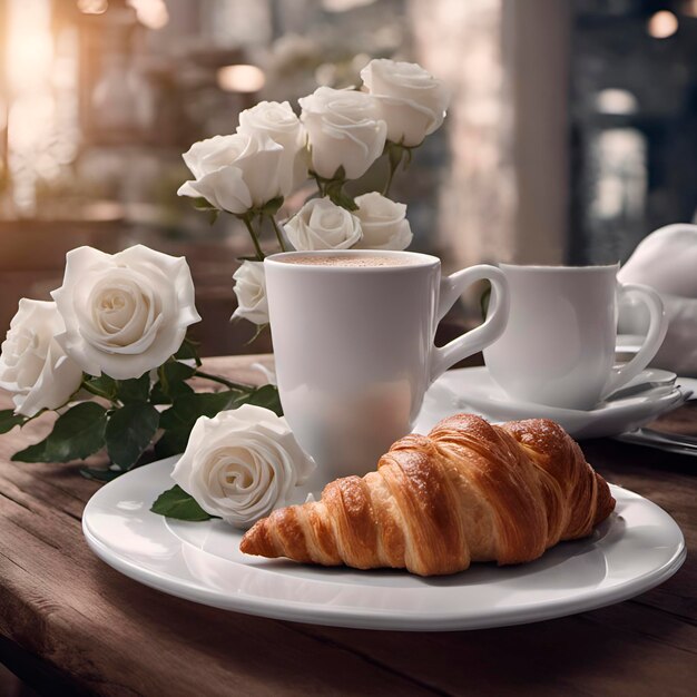 Photo white cup of coffee with croissant white roses morning coffee breakfast