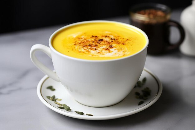 a white cup of coffee with a saucer on the side.