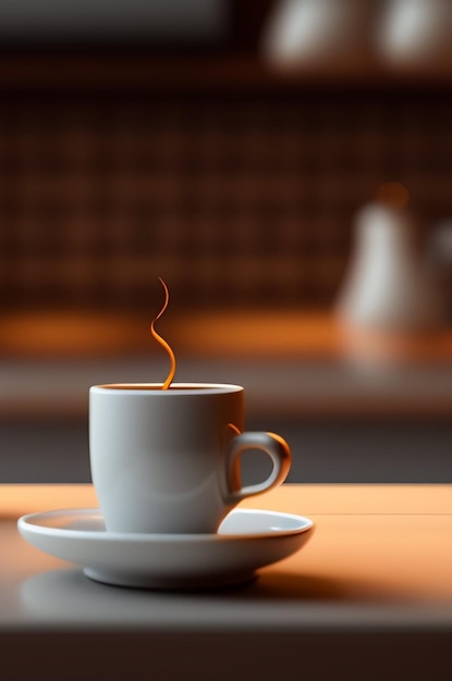 A white cup of coffee with steam coming out of it.