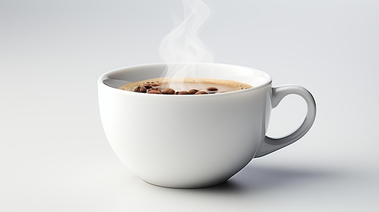 Photo a white cup of coffee with steam rising from it and coffee beans on top