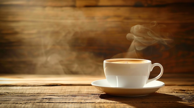 Белая чашка кофе на деревянном столе Пары от кофе поднимаются в воздух Фон теплый приглашающий коричневый цвет