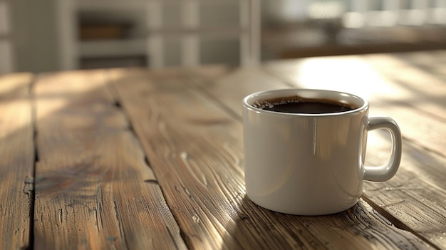 a white cup of coffee on a wooden table