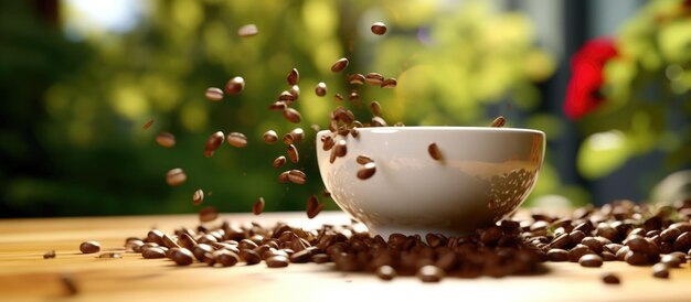 Photo a white cup filled with roasted coffee beans fell sideways on a wooden table