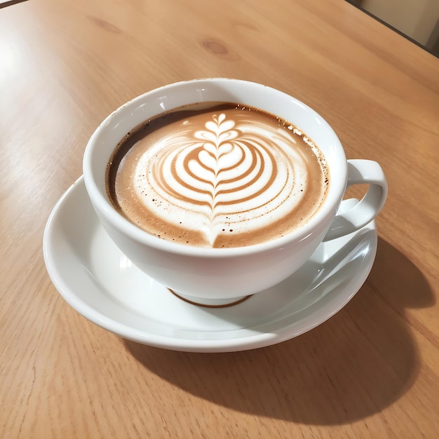 Белая чашка с кофе на деревянном столе, сгенерированная AI