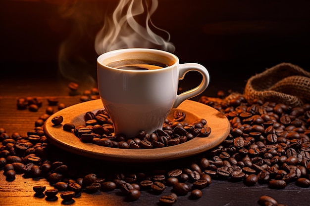 White Cup Of Hot Coffee With Heart Shaped Steam On Old Weathered Table With Burlap Sack And Beans