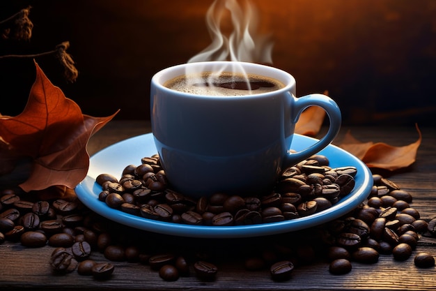 White Cup Of Hot Coffee With Heart Shaped Steam On Old Weathered Table With Burlap Sack And Beans