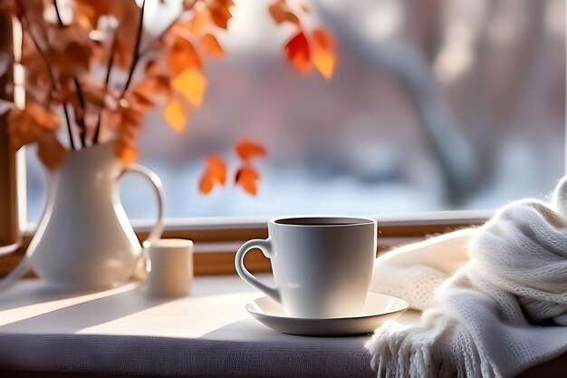 Фото white cup of coffee and scarf near a frozen window cozy spring winter concept playground ai platform