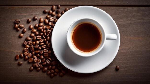 White cup and saucer with freshly brewed strong black coffee