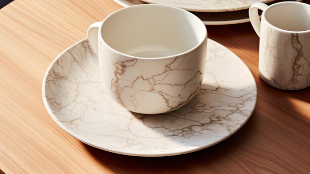 Photo a white cup and saucer on a wooden table