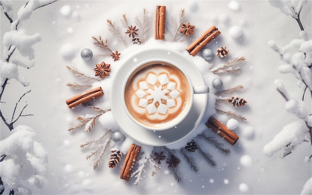 Photo white cup of tasty coffee or cappuccino with snowflake latte art on white snow with snowflakes