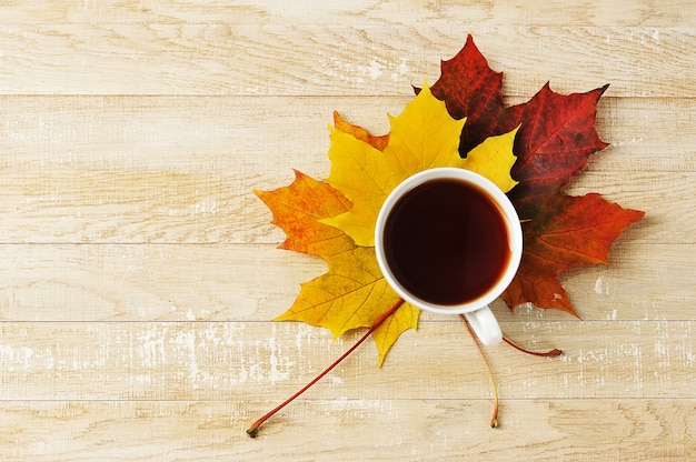 White tazza di tè in autunno foglie di acero - vista dall'alto su uno sfondo di legno